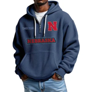 Nebraska Cornhuskers Men's Quarter Zip Hoodie Waffle Knit Hooded Sweatshirt Personalize Name