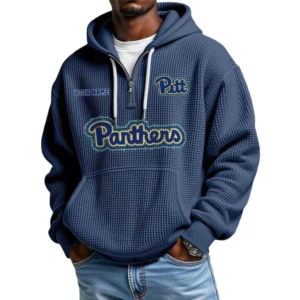 Pittsburgh Panthers Men's Quarter Zip Hoodie Waffle Knit Hooded Sweatshirt Personalize Name