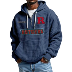 Rutgers Scarlet Knights Men's Quarter Zip Hoodie Waffle Knit Hooded Sweatshirt Personalize Name