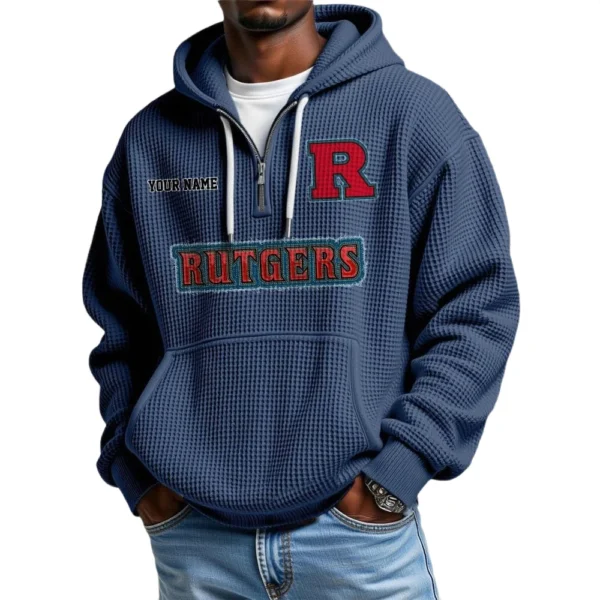 Rutgers Scarlet Knights Men's Quarter Zip Hoodie Waffle Knit Hooded Sweatshirt Personalize Name