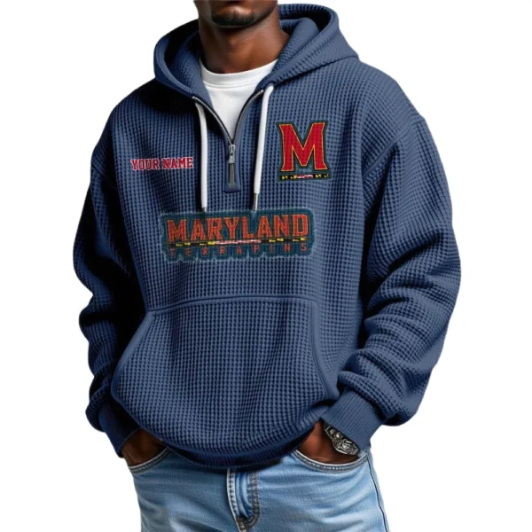 Maryland Terrapins Men's Quarter Zip Hoodie Waffle Knit Hooded Sweatshirt Personalize Name