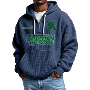 North Texas Mean Green Men's Quarter Zip Hoodie Waffle Knit Hooded Sweatshirt Personalize Name