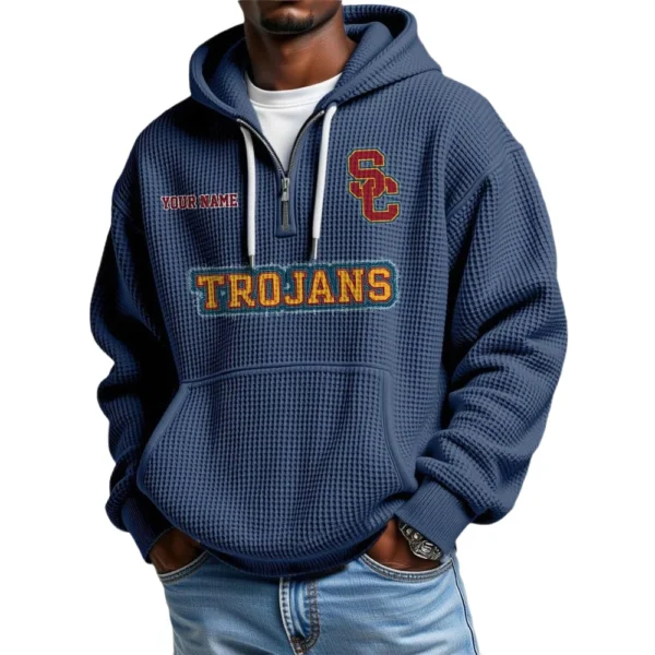 USC Trojans Men's Quarter Zip Hoodie Waffle Knit Hooded Sweatshirt Personalize Name