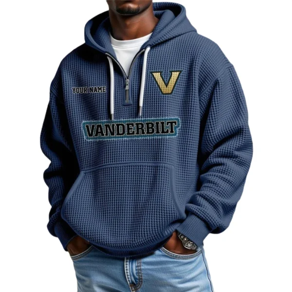 Vanderbilt Commodores Men's Quarter Zip Hoodie Waffle Knit Hooded Sweatshirt Personalize Name