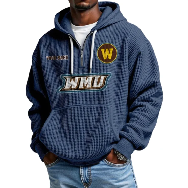 Western Michigan Broncos Men's Quarter Zip Hoodie Waffle Knit Hooded Sweatshirt Personalize Name