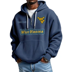 West Virginia Mountaineers Men's Quarter Zip Hoodie Waffle Knit Hooded Sweatshirt Personalize Name