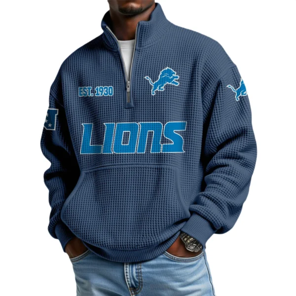 Detroit Lions Men’s Quarter Zip Pullover Sweatshirt Waffle Knit Pocket