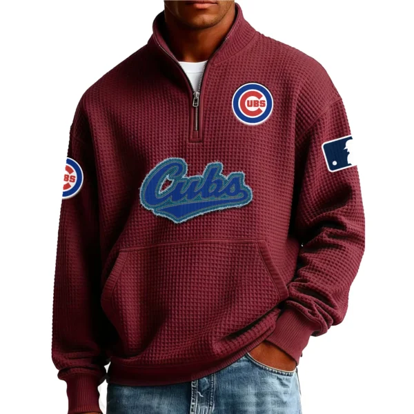 Chicago Cubs Men Pullover Sweatshirt Waffle Knit Pocket Quarter Zip New Limited