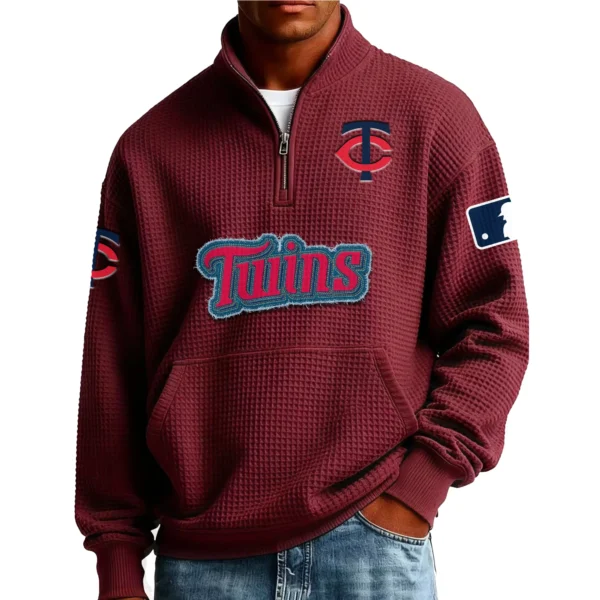 Minnesota Twins Men Pullover Sweatshirt Waffle Knit Pocket Quarter Zip New Limited