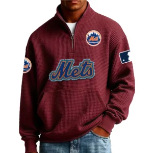 New York Mets Men Pullover Sweatshirt Waffle Knit Pocket Quarter Zip New Limited