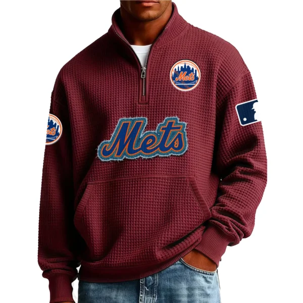 New York Mets Men Pullover Sweatshirt Waffle Knit Pocket Quarter Zip New Limited
