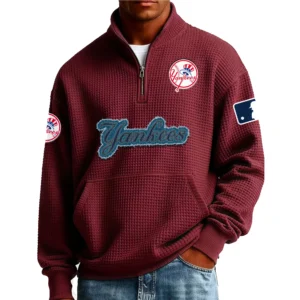 New York Yankees Men Pullover Sweatshirt Waffle Knit Pocket Quarter Zip New Limited