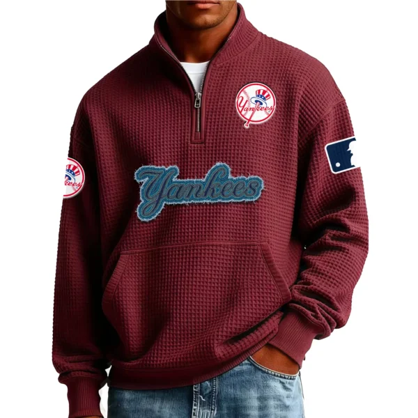 New York Yankees Men Pullover Sweatshirt Waffle Knit Pocket Quarter Zip New Limited
