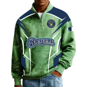 Milwaukee Brewers Men’s Quarter Zip Pullover Sweatshirt Waffle Knit Pocket 2026 Limited