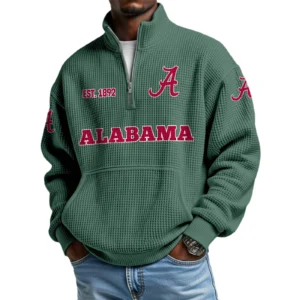 Alabama Crimson Tide Men’s Waffle Knit Quarter Zip Sweatshirt Pullover Pocket