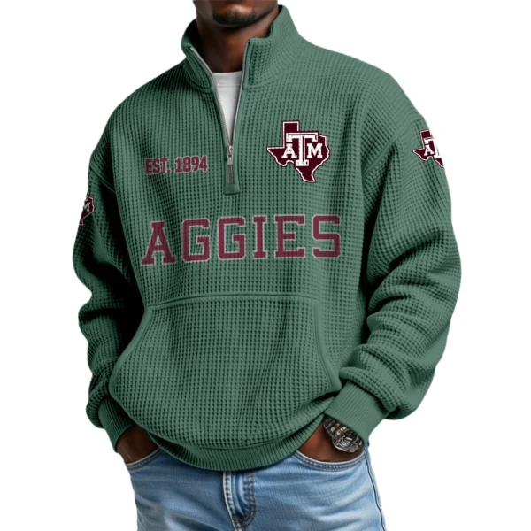 Texas A&M Aggies Men’s Waffle Knit Quarter Zip Sweatshirt Pullover Pocket