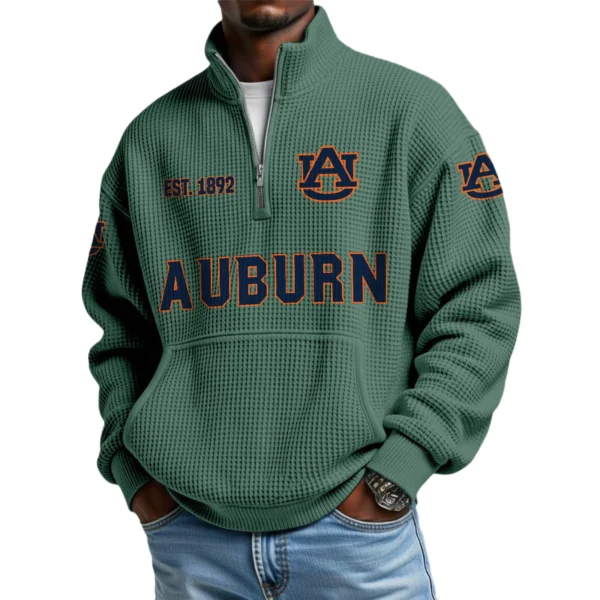 Auburn Tigers Men’s Waffle Knit Quarter Zip Sweatshirt Pullover Pocket