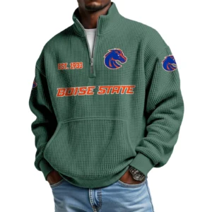 Boise State Broncos Men’s Waffle Knit Quarter Zip Sweatshirt Pullover Pocket