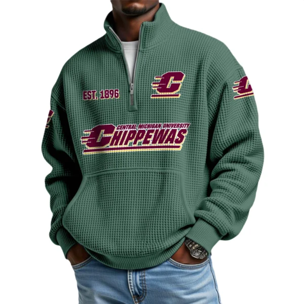 Central Michigan Chippewas Men’s Waffle Knit Quarter Zip Sweatshirt Pullover Pocket