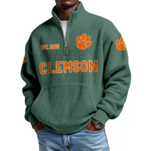 Clemson Tigers Men’s Waffle Knit Quarter Zip Sweatshirt Pullover Pocket
