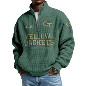 Georgia Tech Yellow Jackets Men’s Waffle Knit Quarter Zip Sweatshirt Pullover Pocket