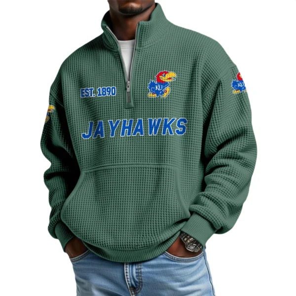 Kansas Jayhawks Men’s Waffle Knit Quarter Zip Sweatshirt Pullover Pocket