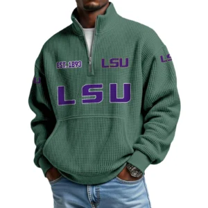 LSU Tigers Men’s Waffle Knit Quarter Zip Sweatshirt Pullover Pocket