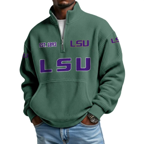LSU Tigers Men’s Waffle Knit Quarter Zip Sweatshirt Pullover Pocket