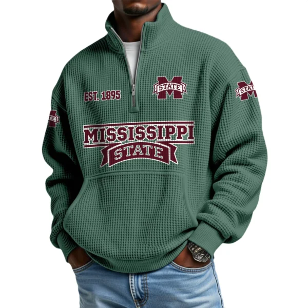 Mississippi State Bulldogs Men’s Waffle Knit Quarter Zip Sweatshirt Pullover Pocket