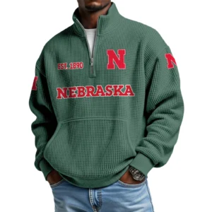 Nebraska Cornhuskers Men’s Waffle Knit Quarter Zip Sweatshirt Pullover Pocket