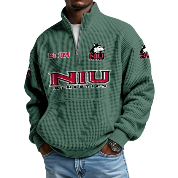 Northern Illinois Huskies Men’s Waffle Knit Quarter Zip Sweatshirt Pullover Pocket