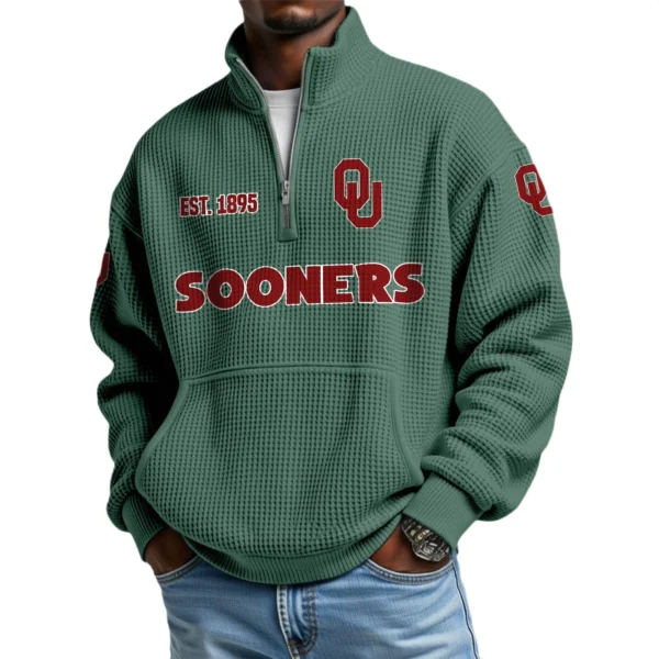 Oklahoma Sooners Men’s Waffle Knit Quarter Zip Sweatshirt Pullover Pocket