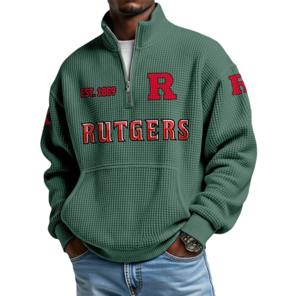 Rutgers Scarlet Knights Men’s Waffle Knit Quarter Zip Sweatshirt Pullover Pocket