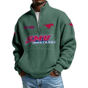 SMU Mustangs Men’s Waffle Knit Quarter Zip Sweatshirt Pullover Pocket