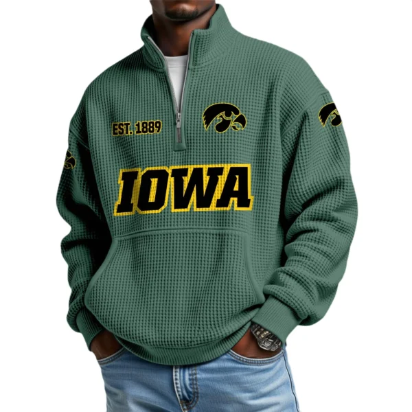 Iowa Hawkeyes Men’s Waffle Knit Quarter Zip Sweatshirt Pullover Pocket