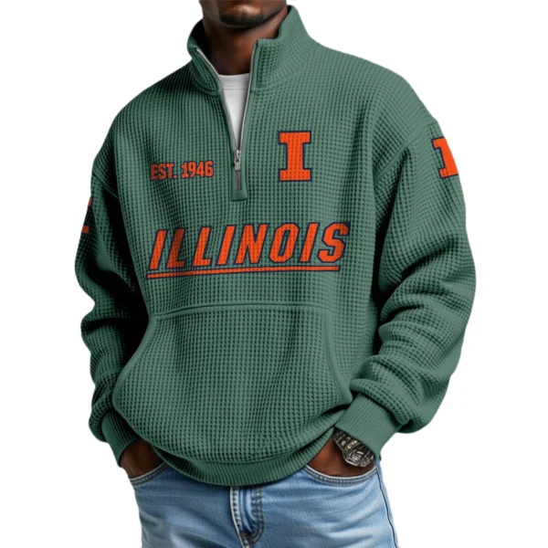 Illinois Fighting Illini Men’s Waffle Knit Quarter Zip Sweatshirt Pullover Pocket