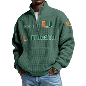 Miami Hurricanes Men’s Waffle Knit Quarter Zip Sweatshirt Pullover Pocket