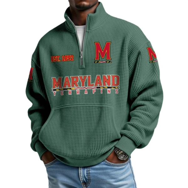 Maryland Terrapins Men’s Waffle Knit Quarter Zip Sweatshirt Pullover Pocket