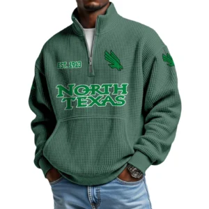 North Texas Mean Green Men’s Waffle Knit Quarter Zip Sweatshirt Pullover Pocket