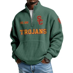 USC Trojans Men’s Waffle Knit Quarter Zip Sweatshirt Pullover Pocket