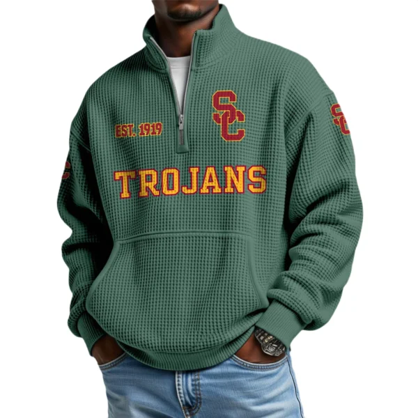 USC Trojans Men’s Waffle Knit Quarter Zip Sweatshirt Pullover Pocket