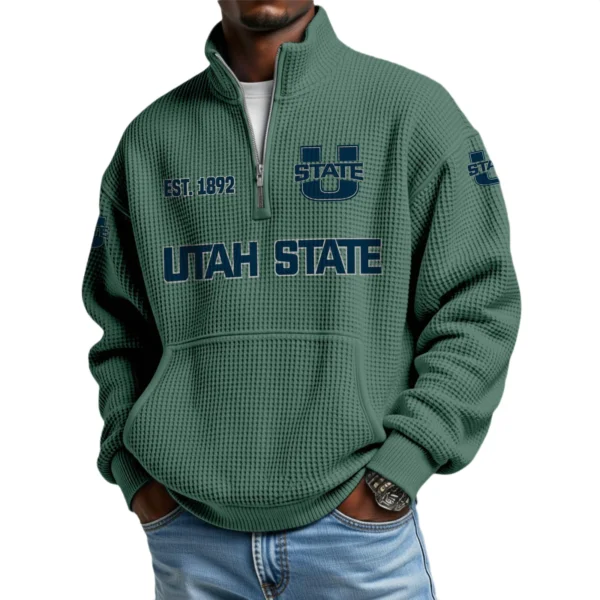 Utah State Aggies Men’s Waffle Knit Quarter Zip Sweatshirt Pullover Pocket