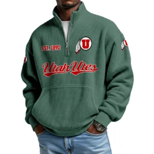 Utah Utes Men’s Waffle Knit Quarter Zip Sweatshirt Pullover Pocket