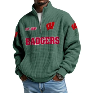 Wisconsin Badgers Men’s Waffle Knit Quarter Zip Sweatshirt Pullover Pocket