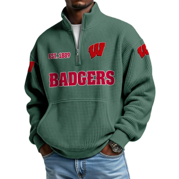 Wisconsin Badgers Men’s Waffle Knit Quarter Zip Sweatshirt Pullover Pocket