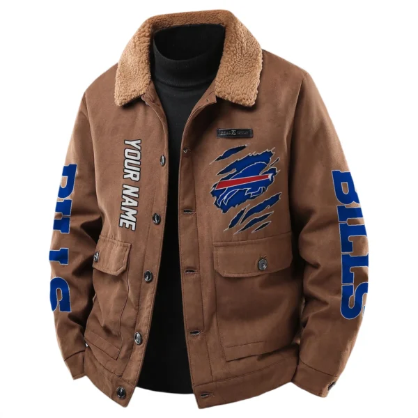 Buffalo Bills Mens Sherpa Collar Casual Jacket Button Front Casual Outerwear