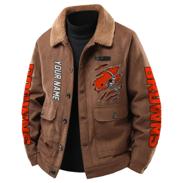 Cleveland Browns Men's Sherpa Collar Casual Jacket Button Front Casual Outerwear