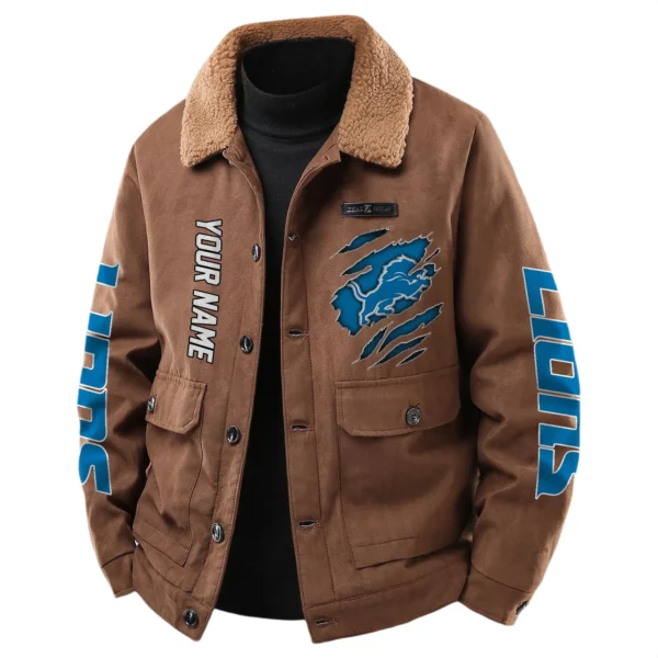 Detroit Lions Men's Sherpa Collar Casual Jacket Button Front Casual Outerwear