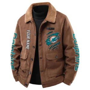 Miami Dolphins Men's Sherpa Collar Casual Jacket Button Front Casual Outerwear