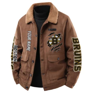 Boston Bruins Men's Sherpa Collar Casual Jacket Button Front Casual Outerwear